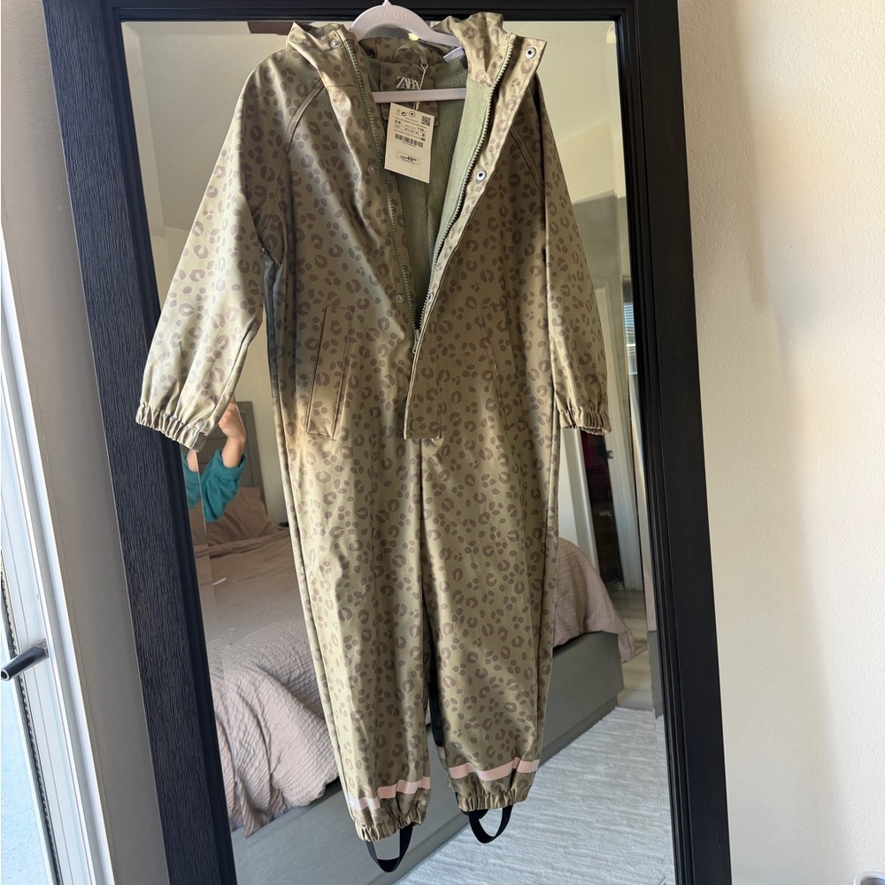 Zara Olive Leopard Print Rain/ Snow Jumpsuit
